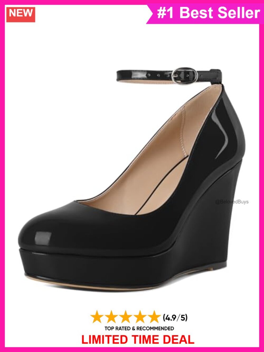 Women's Closed Toe Ankle Strap Platform Wedge Heels 4 Inch Leather Pumps